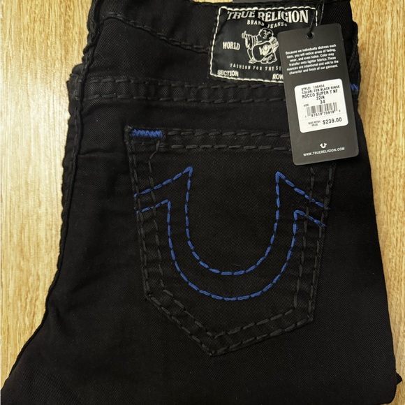 True Religion Men's Black Jeans with Blue Stitching